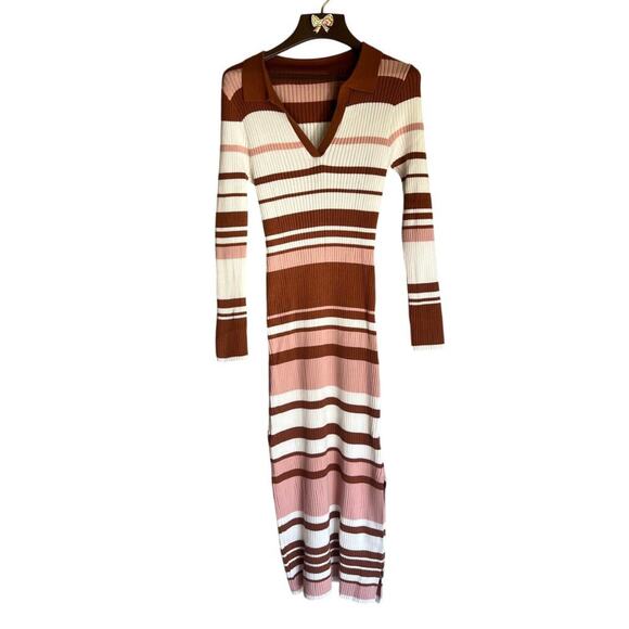 Brown White Pink Ribbed Striped Sweater Dress V-Neck Collared Bodycon Size XL - Picture 5 of 12